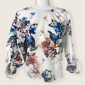 Zara White/Floral Balloon 3/4 Sleeve Blouse XS